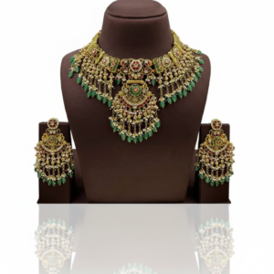Handcrafted Antique Gold Choker Set with Meenakari Pendants & Emerald Droplets