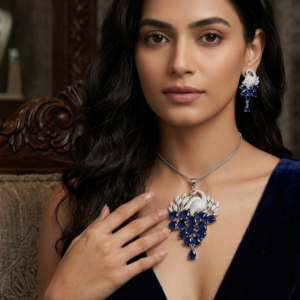 Royal Sapphire Blue Peacock Pendant Set with Shimmering Silver-Tone Accents