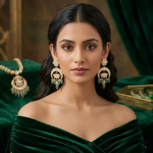 Regal Kundan Chandbali Earrings with Emerald Beads