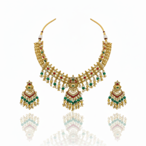 Handcrafted Antique Gold Necklace Set with Emerald & Ruby Detailing