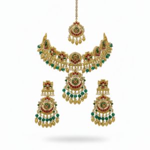 Regal Polki & Emerald Layered Bridal Ensemble – Handcrafted Maharani Set