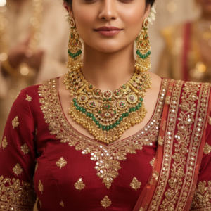 Handcrafted Jadau-Style Choker with Emerald Beads and Gold Ghungroo Fringe