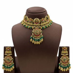 Regal Polki & Emerald Layered Bridal Ensemble – Handcrafted Maharani Set