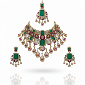Majestic Emerald & Ruby Floral Choker Set with Victorian Polki Accents