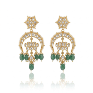 Regal Kundan Chandbali Earrings with Emerald Beads