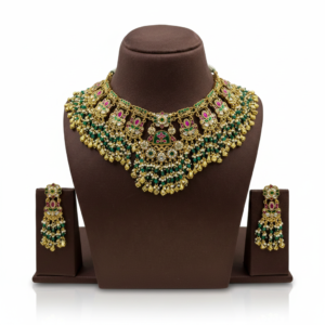 Handcrafted Nakshi Choker with Floral Meenakari and Cascading Emerald Beads