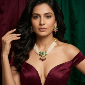 Imperial Pearl Mala with Emerald Enamel & Ruby Drops