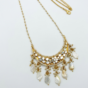 Mother-of-Pearl Crescent Necklace with Leaf Droplets