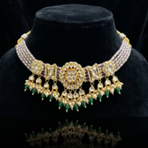 Empress Heritage Kundan Choker with Seed Pearl Strands & Emerald Droplets