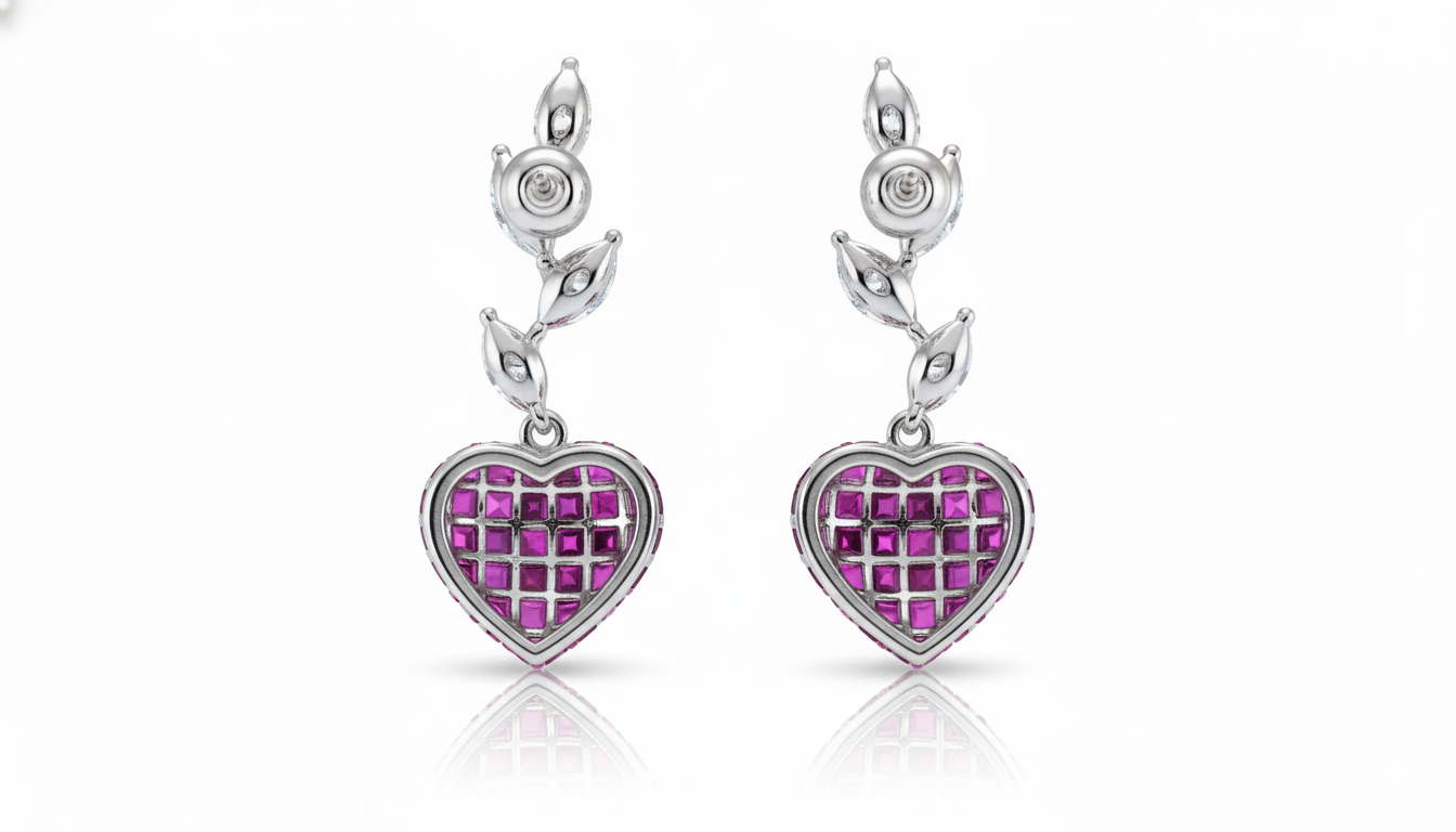 Ruby Heart & Marquise Leaf Drop Earrings - Image 3