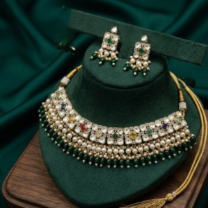 Navratna-Inspired Kundan Choker with Emerald Drop Fringe