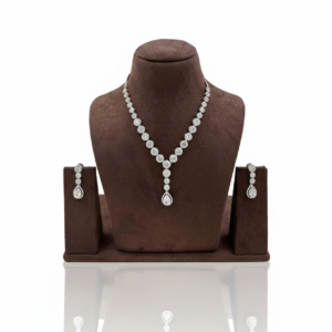 Stellar Brilliance: Silver-Finish Solitaire Halo Drop Necklace Set