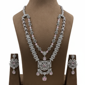 Regal Rose-Tinted Grandeur: Silver-Finish Dual Layer Necklace Set