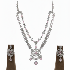 Regal Rose-Tinted Grandeur: Silver-Finish Dual Layer Necklace Set
