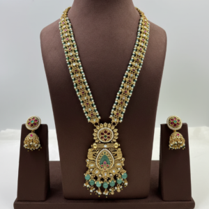 Antique Gold-Finish Multi-Strand Long Haar with Jhumkas