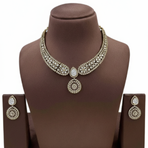 Lustrous Floral Symphony: Gold-Finish Crystal Mesh Necklace Set