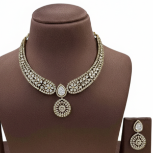 Lustrous Floral Symphony: Gold-Finish Crystal Mesh Necklace Set