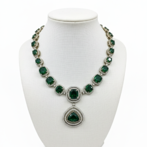 Silver-Finish Cushion-Cut Halo Statement Necklace