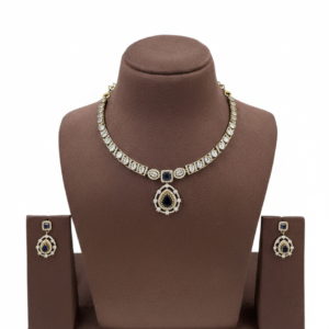 Midnight Sapphire Aura: Gold-Finish Teardrop Pendant Necklace Set