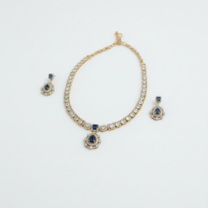 Midnight Sapphire Aura: Gold-Finish Teardrop Pendant Necklace Set
