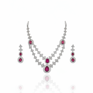 Silver-Finish Dual Layer Ruby-Red Necklace Set