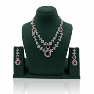 Silver-Finish Dual Layer Ruby-Red Necklace Set