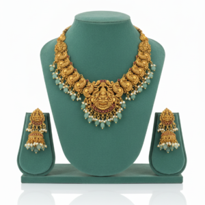 Divine Lakshmi Temple Jewellery Set with Mint Green Beads