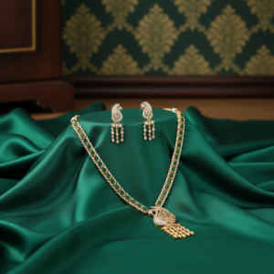 Imperial Emerald Green & Zircon Peacock Pendant Set with Delicate Tassel Drops
