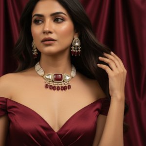 Square Ruby & Multi-Strand Pearl Choker Set