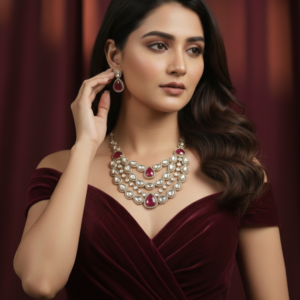 Hexagonal Blossom Kundan Choker with Lavender Pearl Strands & Emerald Drops