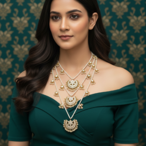 Imperial Triple-Layered Pearl Satlada Necklace with Polki Crescent Charms