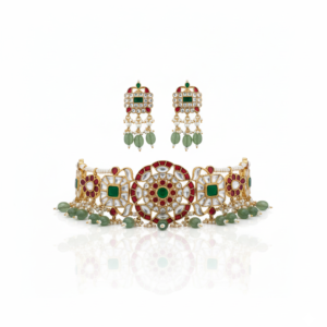 Heritage Polki Choker Set with Emerald Florals and Jade Bead Droplets