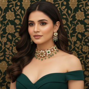 Heritage Polki Choker Set with Emerald Florals and Jade Bead Droplets