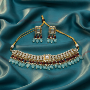 Heritage Polki Choker Set with Sky Blue Onyx Droplets and Ruby Accents