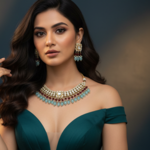 Heritage Polki Choker Set with Sky Blue Onyx Droplets and Ruby Accents