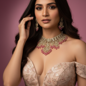 Vintage Gold Chandelier Necklace with Rose-Pink Tumble Beads