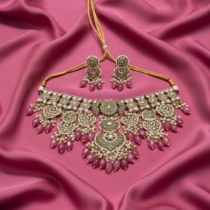 Vintage Gold Chandelier Necklace with Rose-Pink Tumble Beads