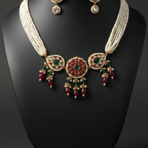 Imperial Pearl Mala with Ruby & Emerald Medallions