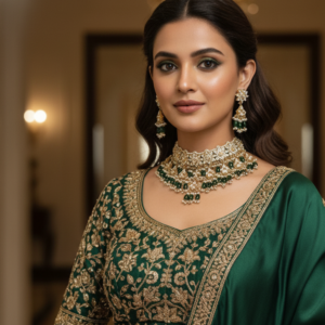 Majestic Polki-Style Tiered Choker with Emerald Green Drops