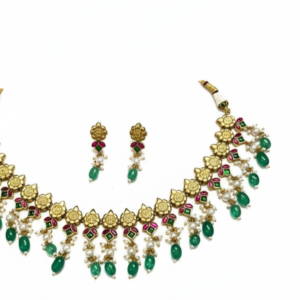 Antique Gold Floral Necklace with Ruby & Emerald Drops