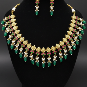 Antique Gold Floral Necklace with Ruby & Emerald Drops
