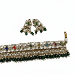 Navratna-Inspired Kundan Choker with Emerald Drop Fringe